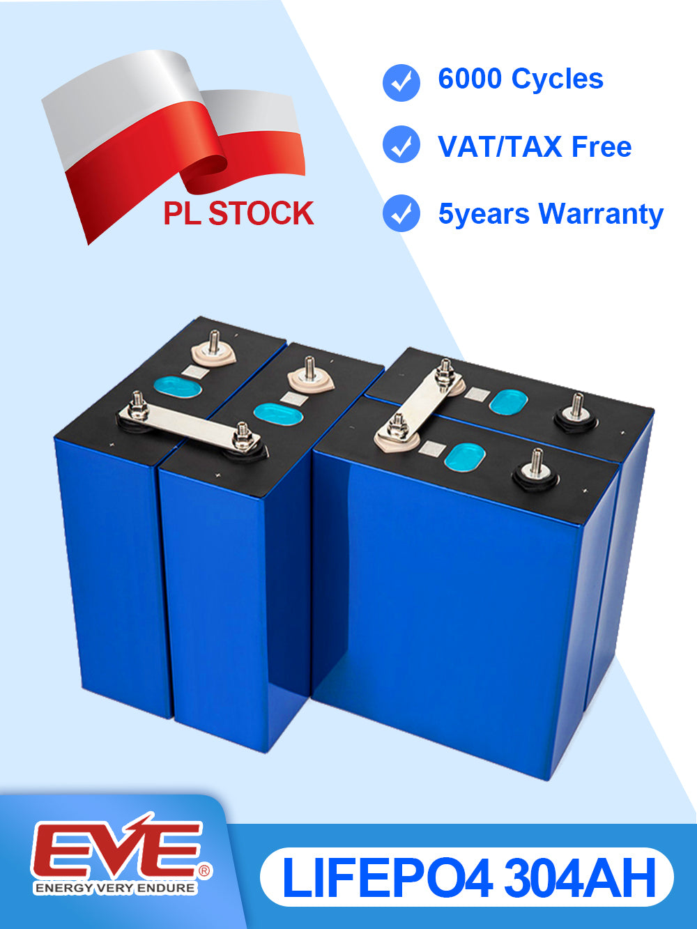 EVE 3.2V 304AH LiFePO4 Battery with 6000 Times Deep Cycle For Solar System DIY for EV