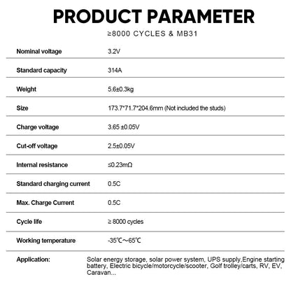 MB31 EVE 314AH LiFePO4 Battery 3.2V 330AH  Prismatic