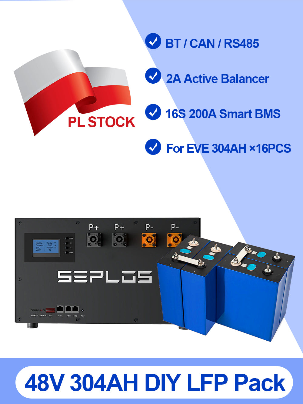 Seplos Mason 280 DIY Kit with EVE 304AH LiFePO4 15KWH Battery Pack