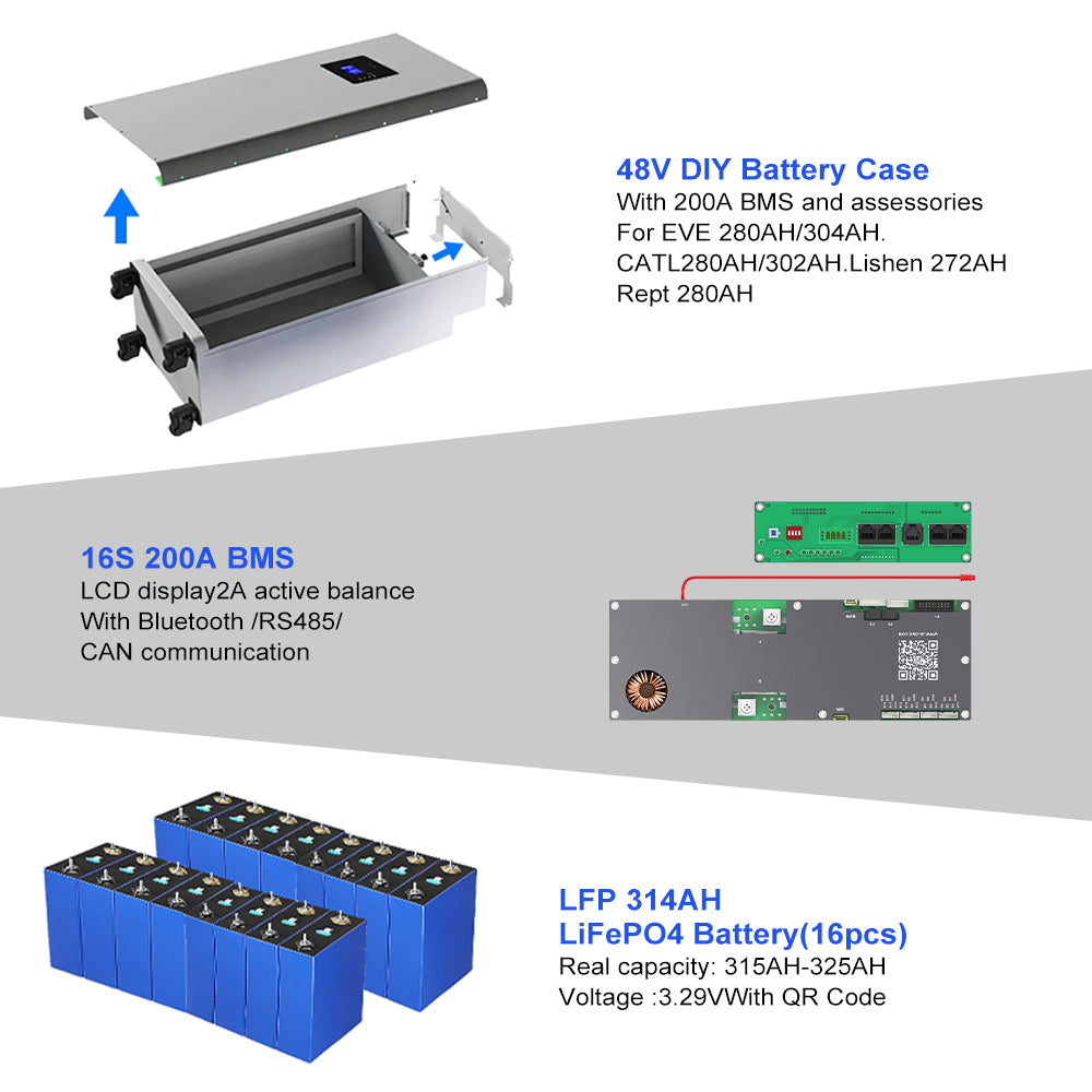 EU Stock Completely 48V 314AH Battery Pack 16kWh System 2A Active Balancer  Heating Pad