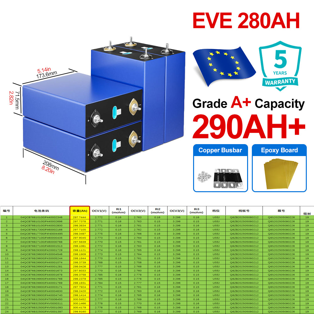 EVE 280AH LiFePO4 Battery LF280AK 6000 Cycles 51.2V Pack EU Stock for Solar Energy Storage