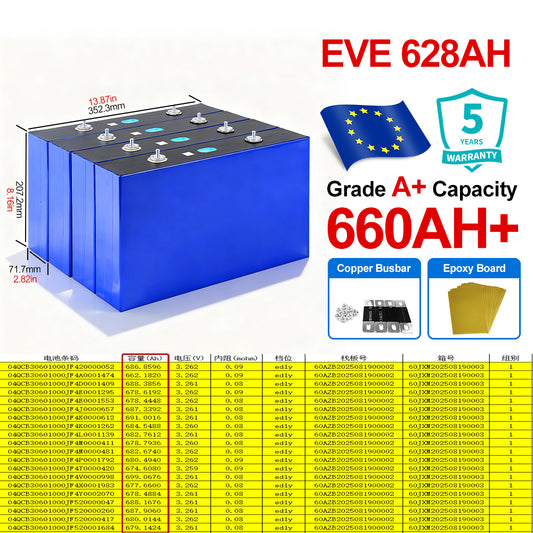 EVE 628AH LiFePO4 Battery Grade A Prismatic Lithium ion Cells For Solar System